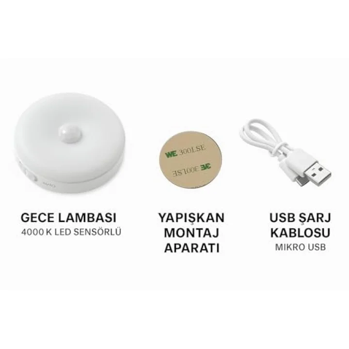 6lı Set Hareket Sensörlü Gece Lambası – USB Şarjlı 4000K Gün Işığı LED – Duvar, Dolap, Merdiven, Başucu için Akıllı Işık