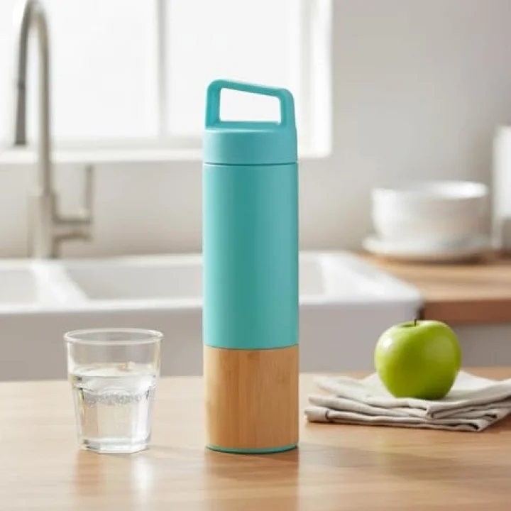 600 ml Bambu Tabanlı Kulplu Çelik Termos Mug - 5 Renk Seçenekli Sıcak/Soğuk Tutucu Seyahat Bardağı (TURKUAZ)