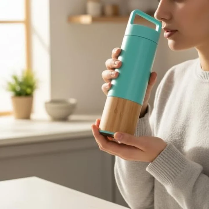 600 ml Bambu Tabanlı Kulplu Çelik Termos Mug - 5 Renk Seçenekli Sıcak/Soğuk Tutucu Seyahat Bardağı (TURKUAZ)