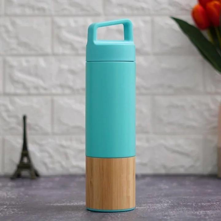 600 ml Bambu Tabanlı Kulplu Çelik Termos Mug - 5 Renk Seçenekli Sıcak/Soğuk Tutucu Seyahat Bardağı (TURKUAZ)