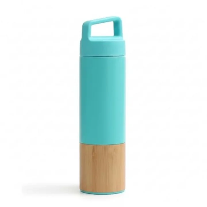 600 ml Bambu Tabanlı Kulplu Çelik Termos Mug - 5 Renk Seçenekli Sıcak/Soğuk Tutucu Seyahat Bardağı (TURKUAZ)