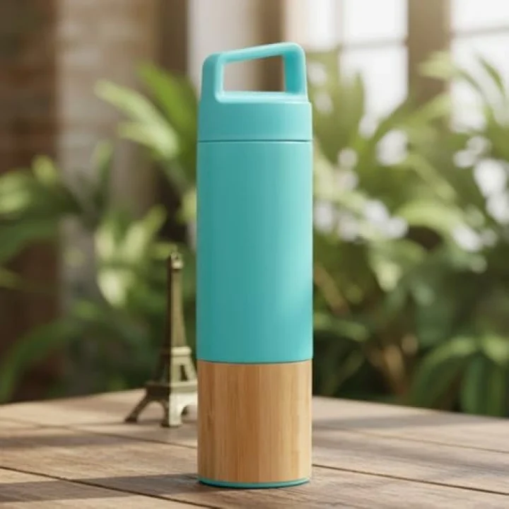 600 ml Bambu Tabanlı Kulplu Çelik Termos Mug - 5 Renk Seçenekli Sıcak/Soğuk Tutucu Seyahat Bardağı (TURKUAZ)