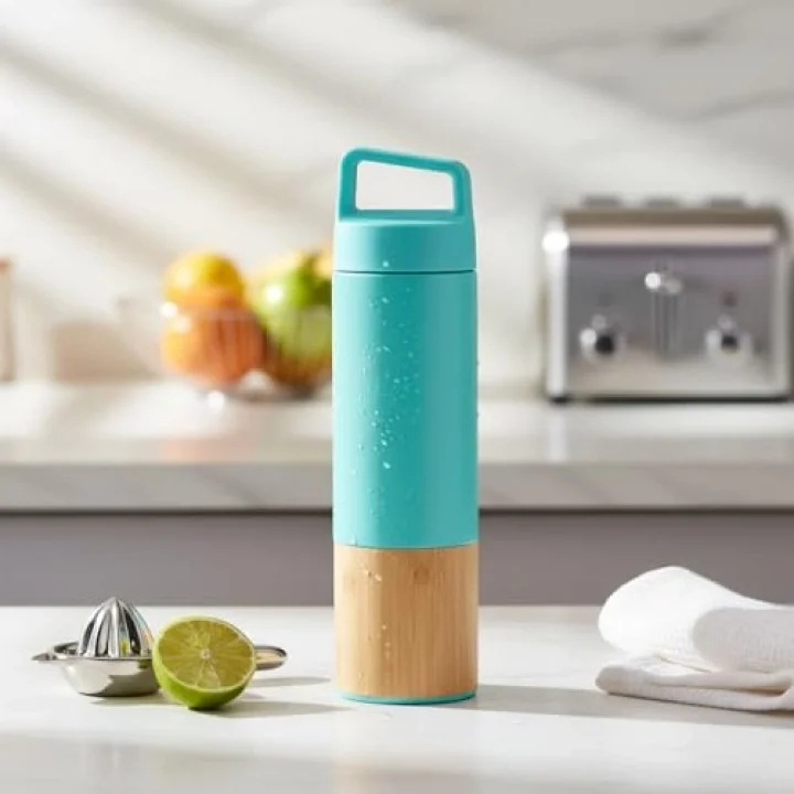 600 ml Bambu Tabanlı Kulplu Çelik Termos Mug - 5 Renk Seçenekli Sıcak/Soğuk Tutucu Seyahat Bardağı (TURKUAZ)
