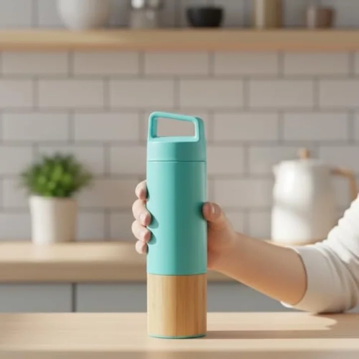 600 ml Bambu Tabanlı Kulplu Çelik Termos Mug - 5 Renk Seçenekli Sıcak/Soğuk Tutucu Seyahat Bardağı (TURKUAZ)