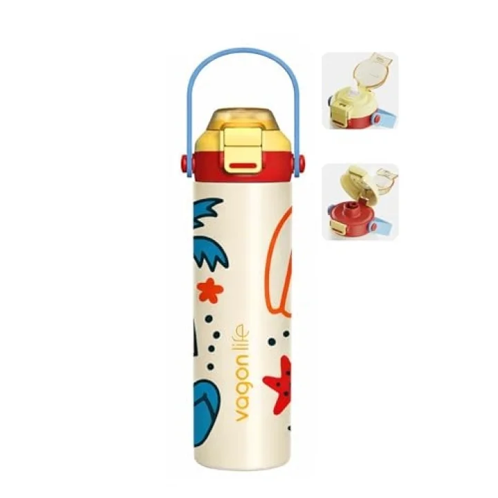 600 ML Tek Kapak Çift Kullanım Pipetli Rahat İçim Kulplu Paslanmaz Çelik Termos ff1111-600ML Bej