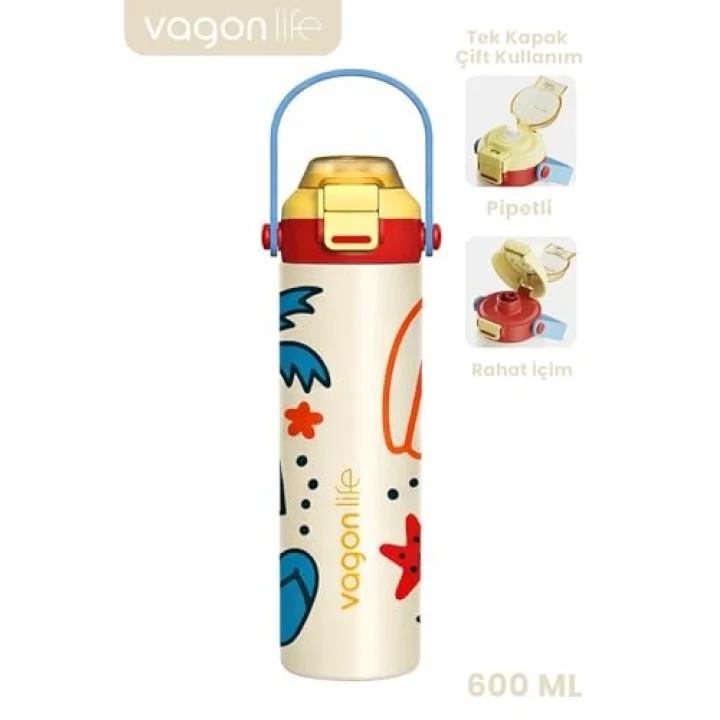 600 ML Tek Kapak Çift Kullanım Pipetli Rahat İçim Kulplu Paslanmaz Çelik Termos ff1111-600ML Bej