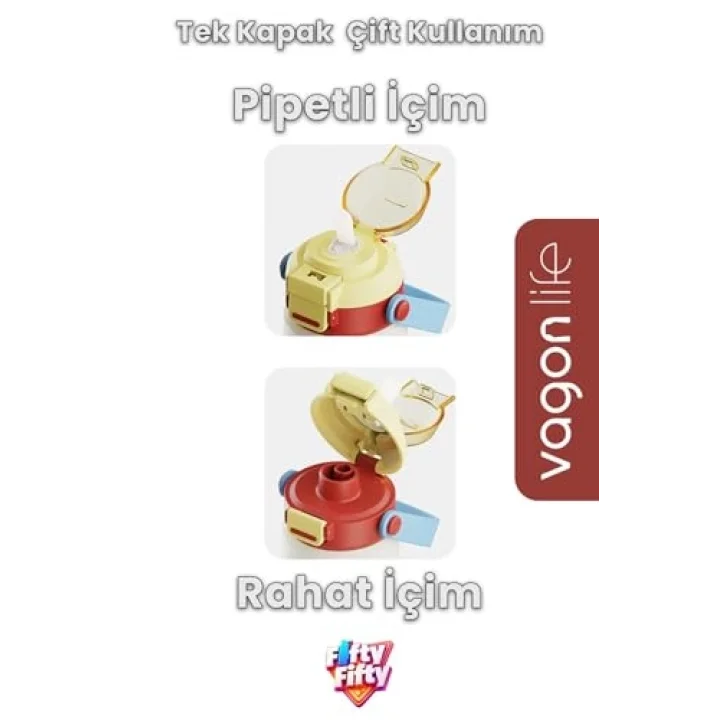 600 ML Tek Kapak Çift Kullanım Pipetli Rahat İçim Kulplu Paslanmaz Çelik Termos ff1111-600ML Bej