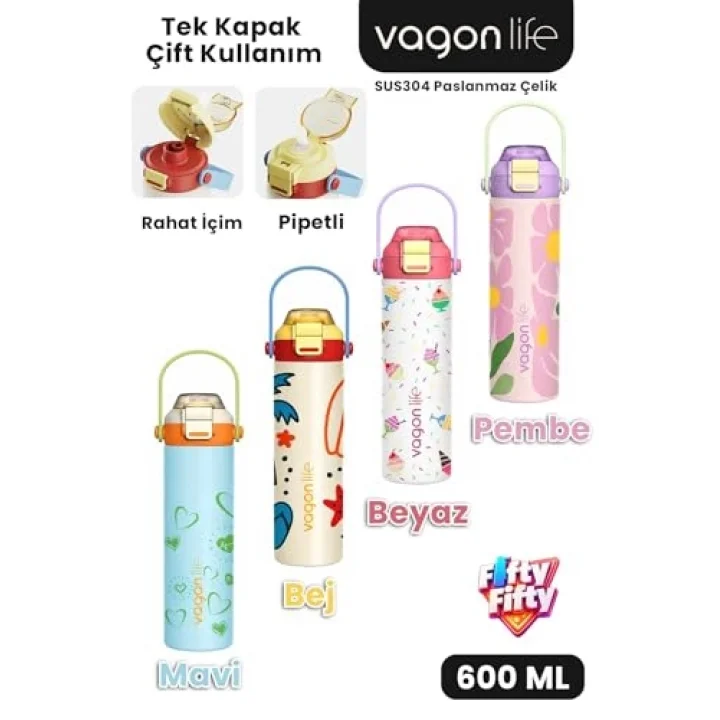 600 ML Tek Kapak Çift Kullanım Pipetli Rahat İçim Kulplu Paslanmaz Çelik Termos ff1111-600ML Bej