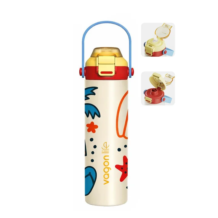 600 ML Tek Kapak Çift Kullanım Pipetli Rahat İçim Kulplu Paslanmaz Çelik Termos ff1111-600ML Bej