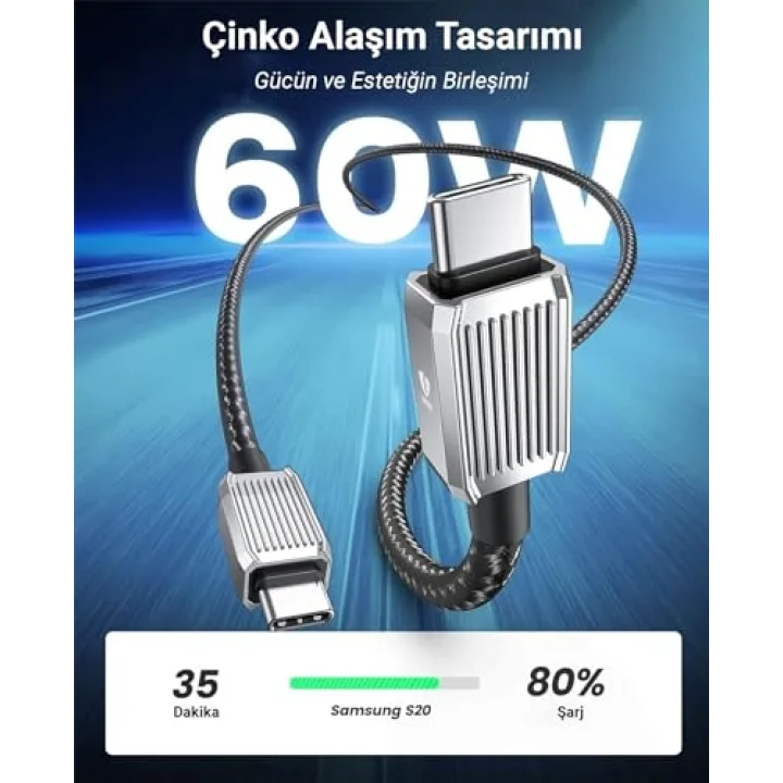 60W 3A PD Type-C to Type-C Hızlı Şarj ve Data Kablosu 1.5 Metre Siyah