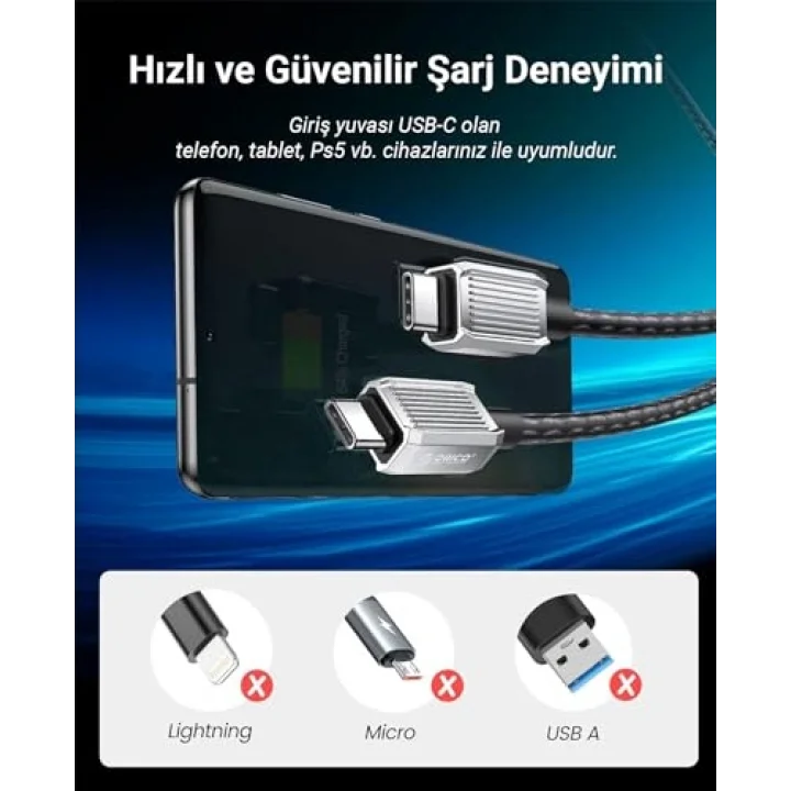 60W 3A PD Type-C to Type-C Hızlı Şarj ve Data Kablosu 1.5 Metre Siyah