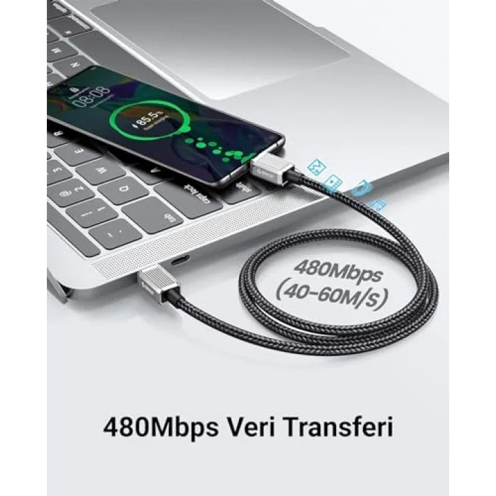 60W 3A PD Type-C to Type-C Hızlı Şarj ve Data Kablosu 1.5 Metre Siyah