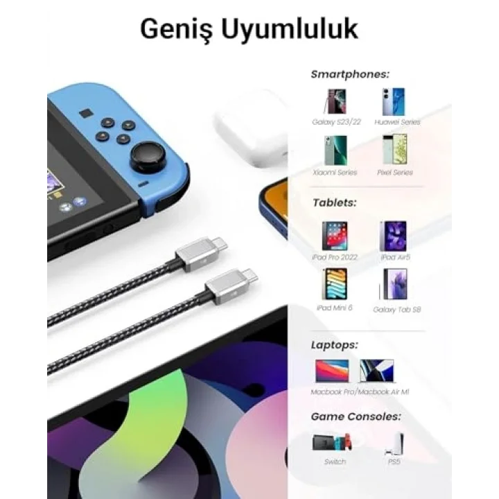 60W 3A PD Type-C to Type-C Hızlı Şarj ve Data Kablosu 1.5 Metre Siyah