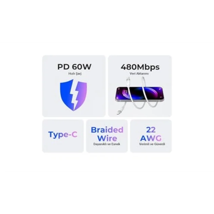 60W 3A PD Type-C to Type-C Hızlı Şarj ve Data Kablosu Siyah 1 Metre