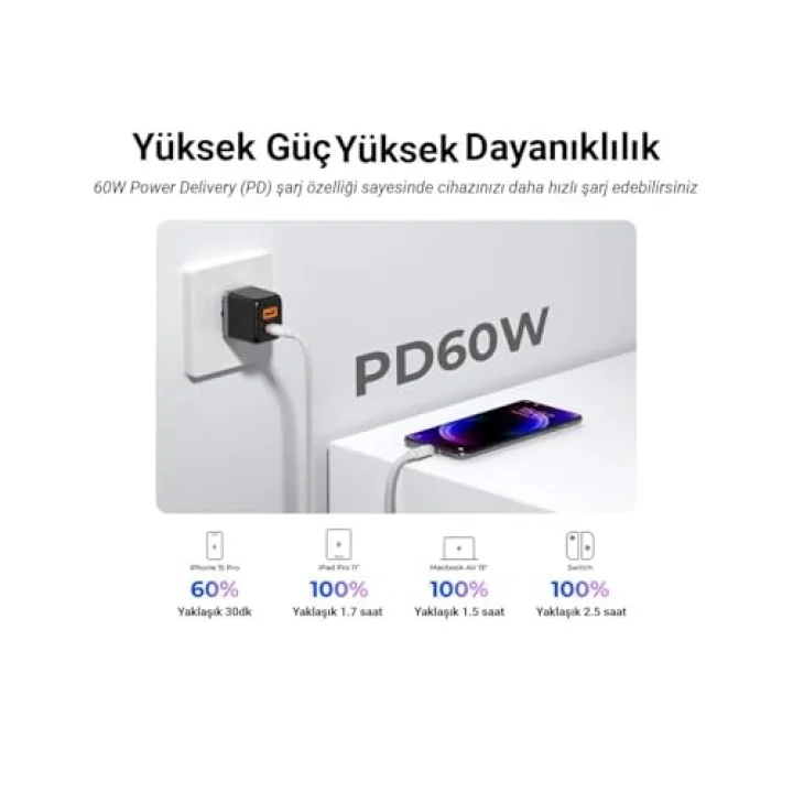 60W 3A PD Type-C to Type-C Hızlı Şarj ve Data Kablosu Siyah 1 Metre