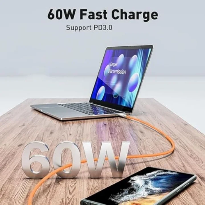 60W Apple İphone Uyumlu Type-C to Type-C Örgülü Hızlı Data ve Şarj Kablosu ve Sim İğnesi Turuncu