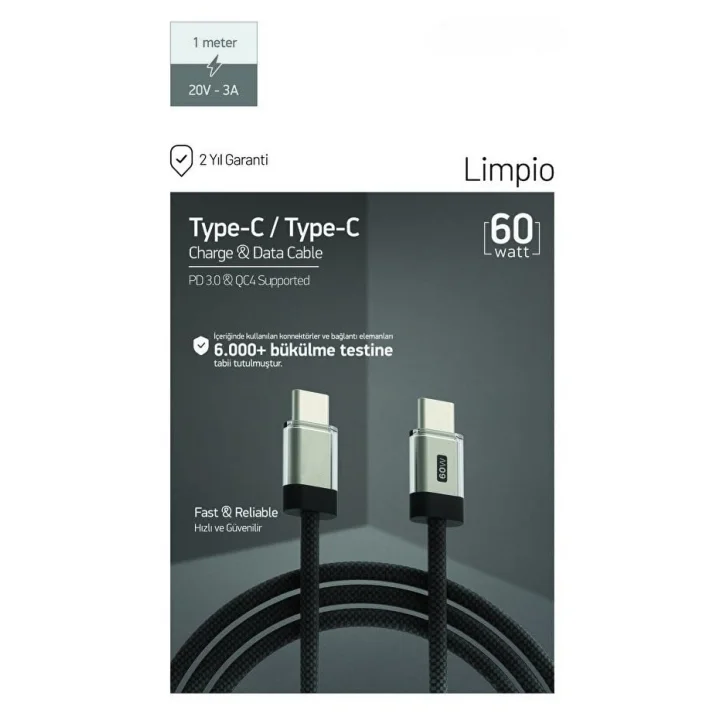 60W PD 3.0 Limpio Type-C to Type-C Hızlı Şarj ve Data Kablosu 1m Siyah