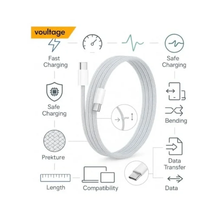 60W Type-C To Type-C 1 Metre Dayanıklı Örgülü Hızlı Şarj & Veri Kablosu İphone 17/16/15 Uyumlu Pro Max Air, Galaxy S10 S9 S8 Plus, Note 10 9 8 Uyumlu