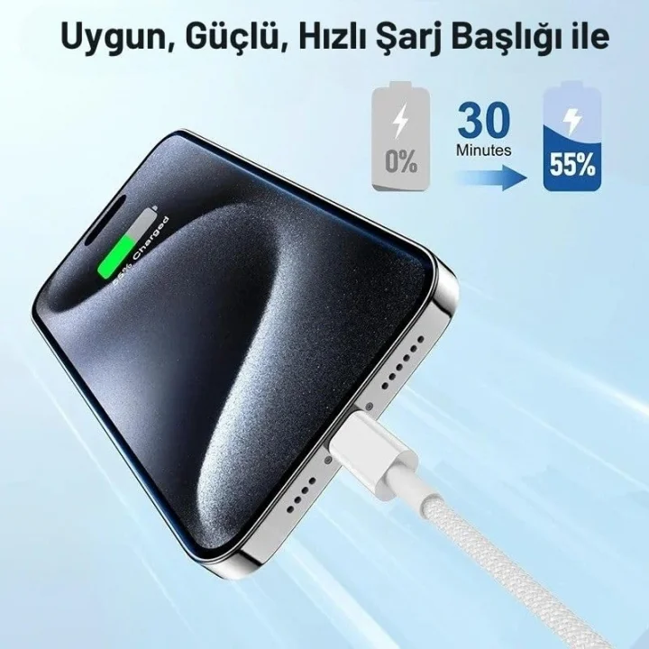 60W Type-C to Type-C Örgülü Data ve Şarj Kablosu 1m Beyaz K2795 (Orijinal Görünümlü)