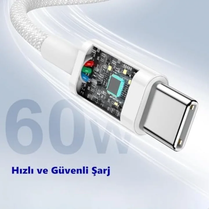 60W Type-C to Type-C Örgülü Data ve Şarj Kablosu 1m Beyaz K2795 (Orijinal Görünümlü)