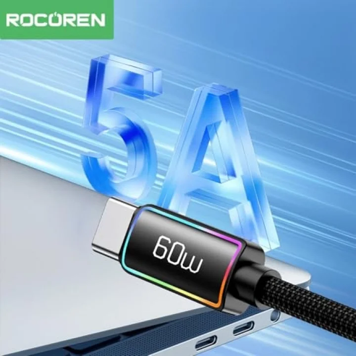 60W Type-C to Type-C RGB Aydınlatmalı Örgülü Şarj ve Data Kablosu 2 Metre