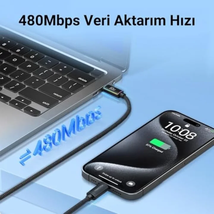 60W Type-C to Type-C RGB Aydınlatmalı Örgülü Şarj ve Data Kablosu 2 Metre