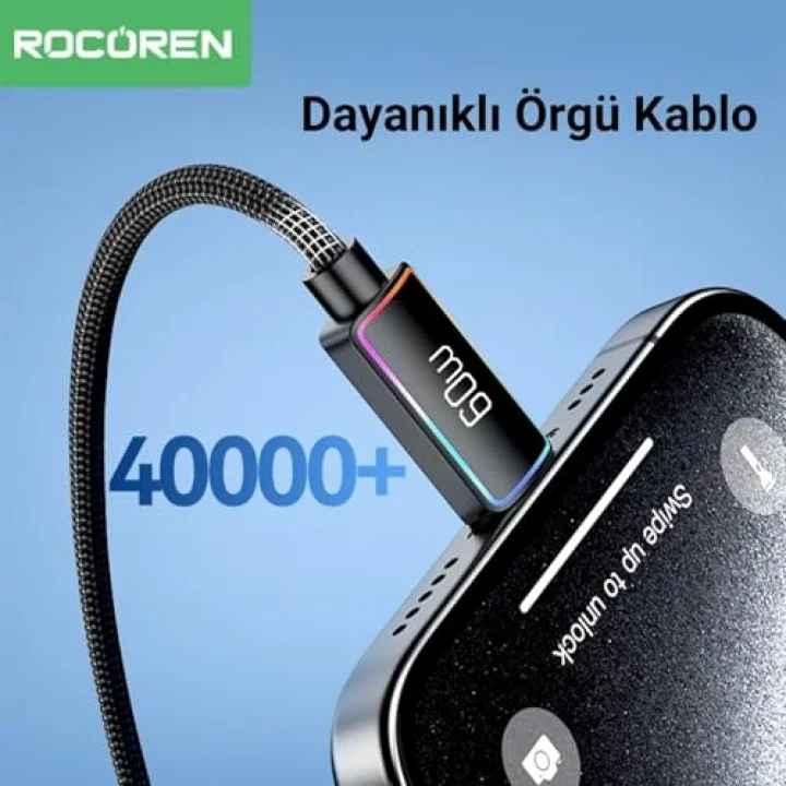 60W Type-C to Type-C RGB Aydınlatmalı Örgülü Şarj ve Data Kablosu 2 Metre