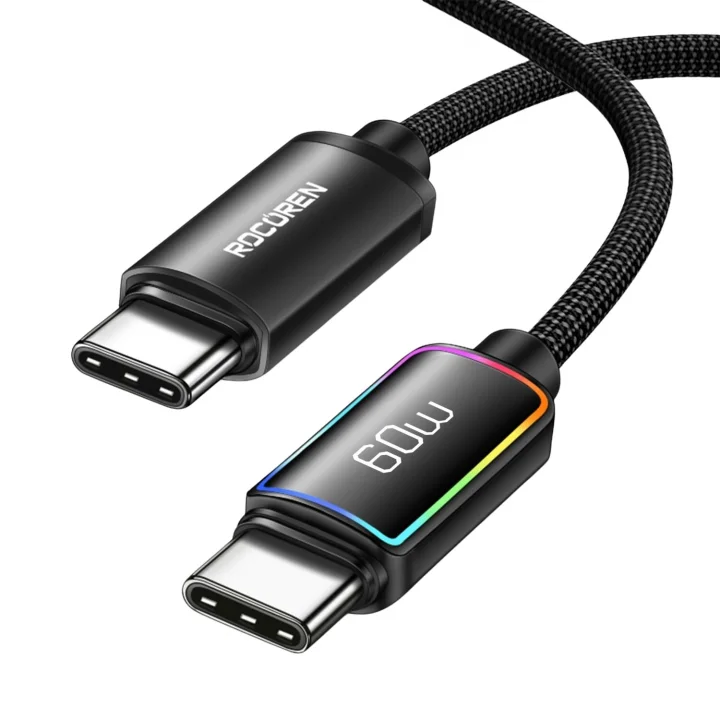 60W Type-C to Type-C RGB Aydınlatmalı Örgülü Şarj ve Data Kablosu 2 Metre