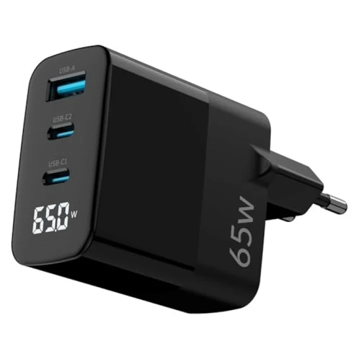 65W GaN Led Ekranlı Hızlı Şarj Cihazı 2 Type-C + USB-A iPhone & iPad & Notebook Uyumlu Şarj Aleti