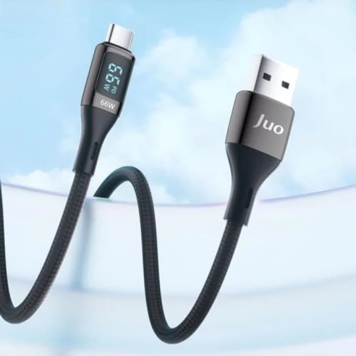 66W Dijital Led Ekranlı Örgülü USB-A to USB Type-C Hızlı Şarj ve Data Kablosu 2 Metre
