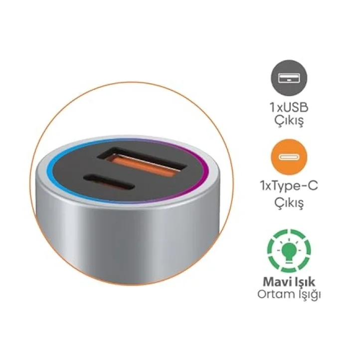 67W TURBO Araç Şarj Başlığı – USB + PD Girişli