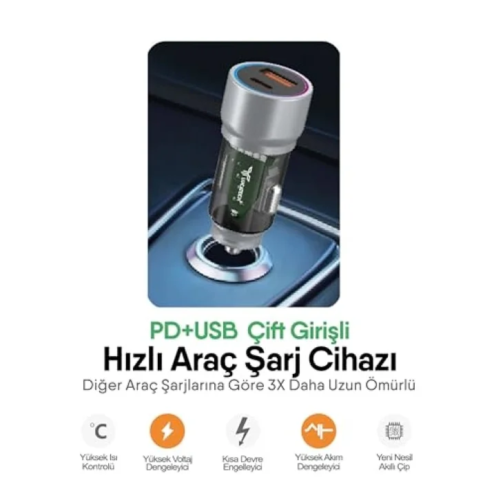 67W TURBO Araç Şarj Başlığı – USB + PD Girişli