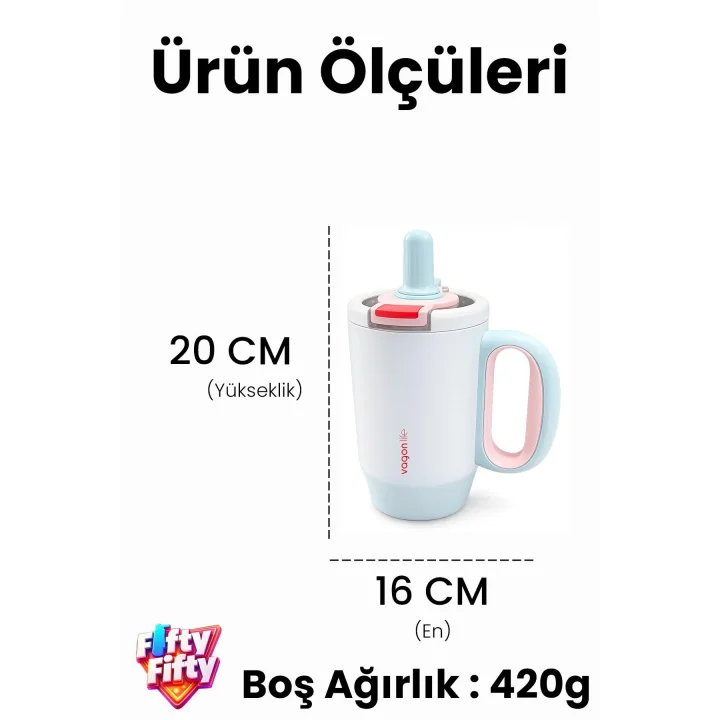 680 ML Tek Kapak Çift Kullanım Pipetli Rahat İçim Kulplu Paslanmaz Çelik Termos Mug FFVGN1113-680ML Pembe