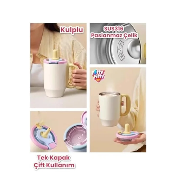 680 ML Tek Kapak Çift Kullanım Pipetli Rahat İçim Kulplu Paslanmaz Çelik Termos Mug FFVGN1113-680ML Pembe