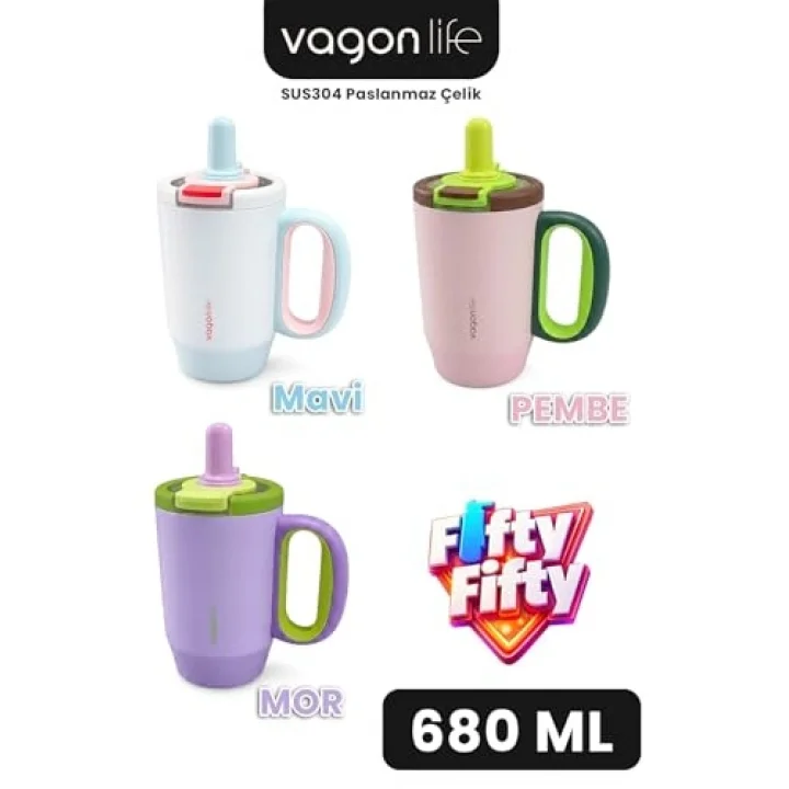 680 ML Tek Kapak Çift Kullanım Pipetli Rahat İçim Kulplu Paslanmaz Çelik Termos Mug FFVGN1113-680ML Pembe