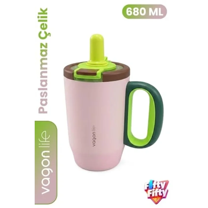 680 ML Tek Kapak Çift Kullanım Pipetli Rahat İçim Kulplu Paslanmaz Çelik Termos Mug FFVGN1113-680ML Pembe