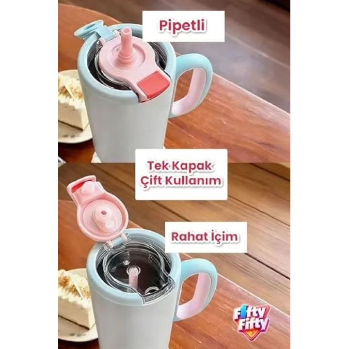 680 ML Tek Kapak Çift Kullanım Pipetli Rahat İçim Kulplu Paslanmaz Çelik Termos Mug FFVGN1113-680ML Pembe
