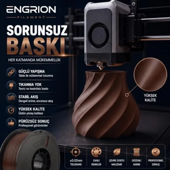 PLA+ Filament 1.75 mm 1 kg Kahverengi - Yüksek Hızlı Baskı, ±0.02mm Tolerans, FDM/AMS Uyumlu 3D Yazıcı Filamenti