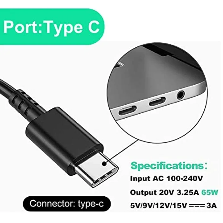 65W USB C Tipi Dizüstü Şarj Cihazı, Mac Book Pro/Lenovo ThinkPad/Samsung/ASUS/Dell/Chromebook/Yoga/ACE/Huawei ve diğer tüm USB Tip C Cihazları için Evrensel Adaptör Güç Kaynağı（45W için de geçerlidir）