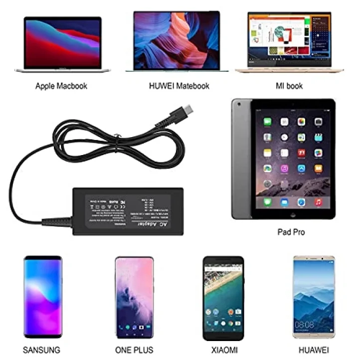 65W USB C Tipi Dizüstü Şarj Cihazı, Mac Book Pro/Lenovo ThinkPad/Samsung/ASUS/Dell/Chromebook/Yoga/ACE/Huawei ve diğer tüm USB Tip C Cihazları için Evrensel Adaptör Güç Kaynağı（45W için de geçerlidir）