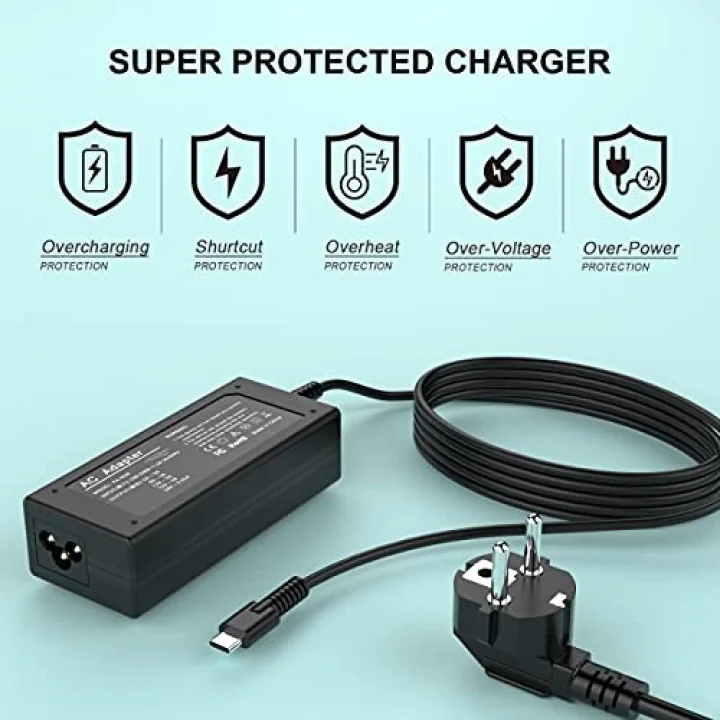 65W USB C Tipi Dizüstü Şarj Cihazı, Mac Book Pro/Lenovo ThinkPad/Samsung/ASUS/Dell/Chromebook/Yoga/ACE/Huawei ve diğer tüm USB Tip C Cihazları için Evrensel Adaptör Güç Kaynağı（45W için de geçerlidir）
