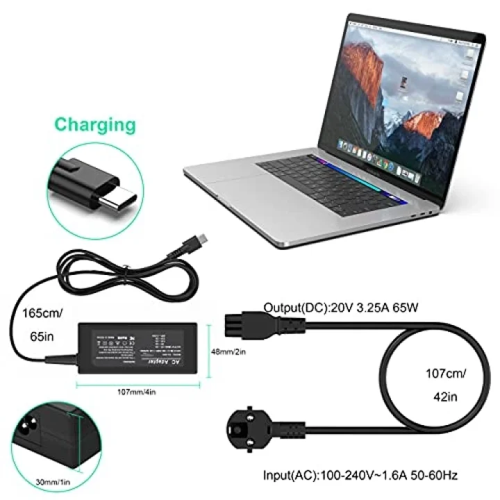 65W USB C Tipi Dizüstü Şarj Cihazı, Mac Book Pro/Lenovo ThinkPad/Samsung/ASUS/Dell/Chromebook/Yoga/ACE/Huawei ve diğer tüm USB Tip C Cihazları için Evrensel Adaptör Güç Kaynağı（45W için de geçerlidir）