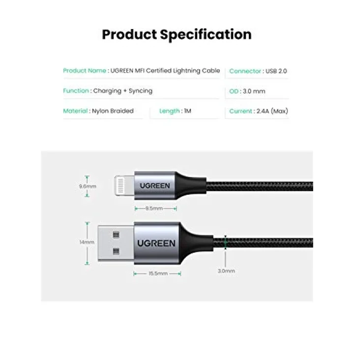 Mfi Lisanslı USB-A & Lightning Örgülü Data ve Şarj Kablosu, 2 Metre, Siyah, ‎60158