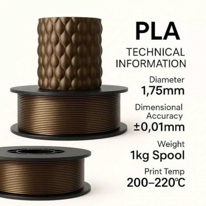 PLA+ Filament 1.75mm 1 Kg Bronz - Metalik Bronz Görünüm, Boyutsal Doğruluk ±0.02mm, Güçlendirilmiş Yapı