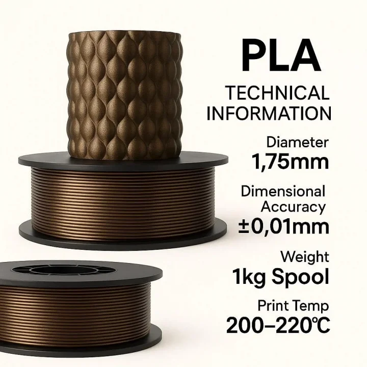 PLA+ Filament 1.75mm 1 Kg Bronz - Metalik Bronz Görünüm, Boyutsal Doğruluk ±0.02mm, Güçlendirilmiş Yapı