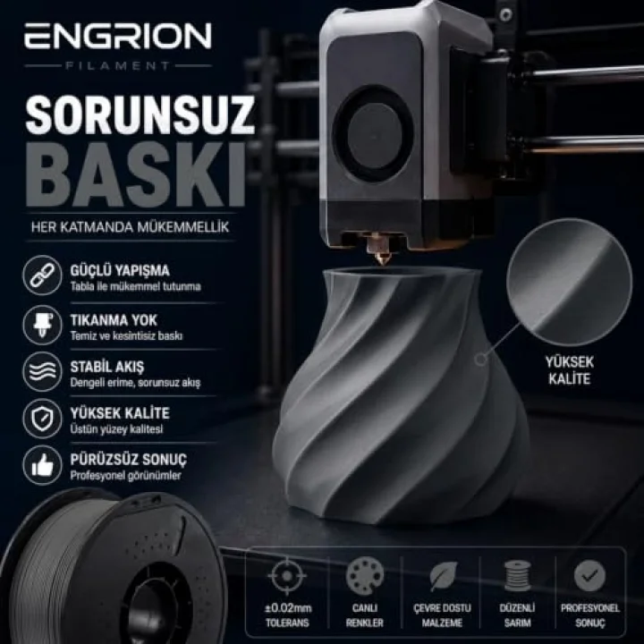 PLA+ Filament 1.75 mm 1 kg Koyu Gri - Yüksek Hızlı Baskı, ±0.02mm Tolerans, FDM/AMS Uyumlu 3D Yazıcı Filamenti