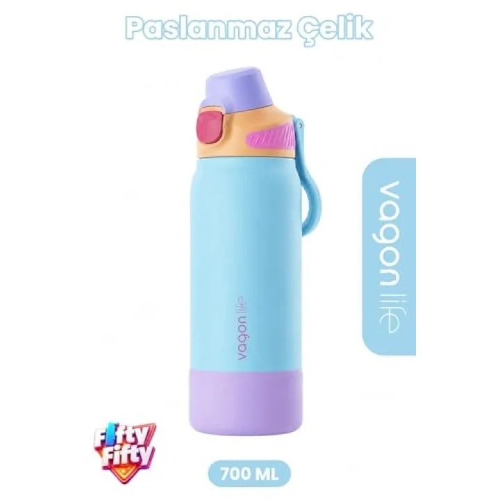 700 ML Tek Kapak Çift Kullanım Pipetli Rahat İçim Kulplu Paslanmaz Çelik Termos FFVGN1112-700ML Mavi