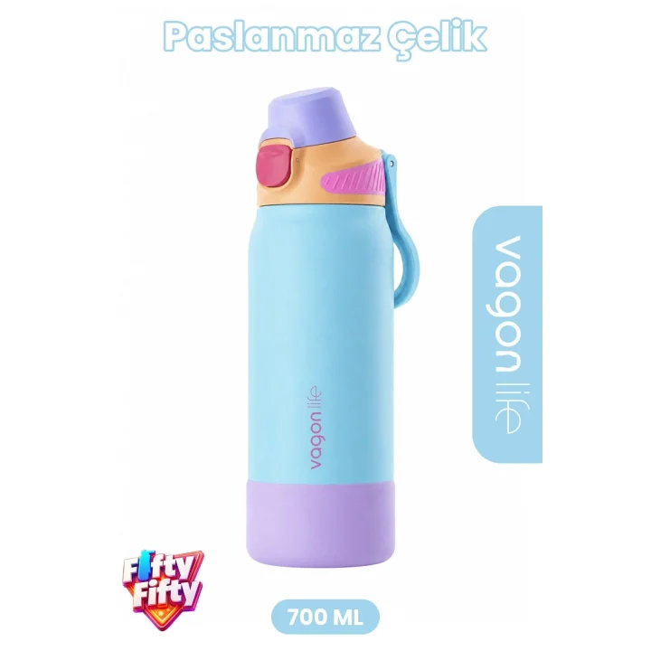 700 ML Tek Kapak Çift Kullanım Pipetli Rahat İçim Kulplu Paslanmaz Çelik Termos FFVGN1112-700ML Mavi