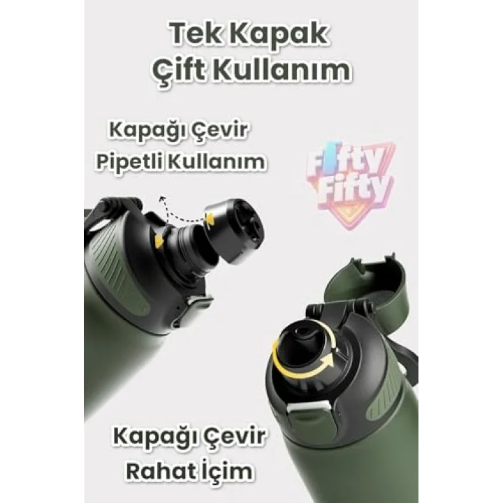 700 ML Tek Kapak Çift Kullanım Pipetli Rahat İçim Kulplu Paslanmaz Çelik Termos FFVGN1112-700ML Mavi