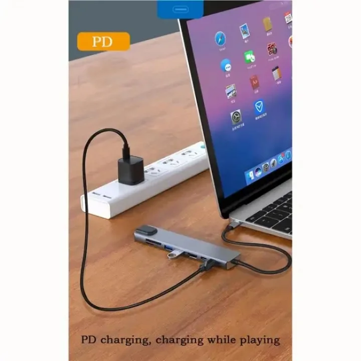 8 in 1 Type C to 2 Port USB 3.0 2 SD Kart TF Kart HDMI RJ45 2PD Kablolu Adaptör iphone 15 Serisi Uyumlu Type C Girişli Android Cihazlara Uyumlu ZR38